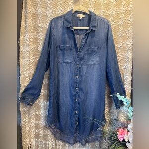 Cloth & Stone Women's Size L Chambray Long Sleeve Raw Hem Hi-Low Shirt Dress